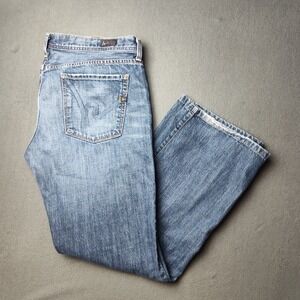 7 For All Mankind Evans Jeans Mens 38x32 Blue Relaxed Button Fly Distressed USA